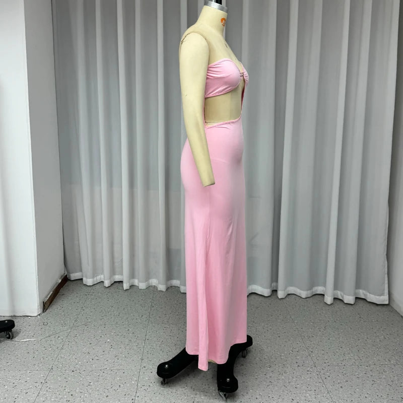 Aiertu  -  Women Maxi Dress Fashion SummerElegant Strapless Sleeveless Solid Hollow Slim Hollow Holiday Party Dresses Streetwear Aiertu