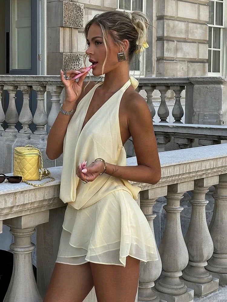Aiertu  -  Draped Sexy Backless Halter Mini Dress Women's Elegant See Through Deep V Neck Lace Up Mesh Holiday Beach Female Dress Aiertu