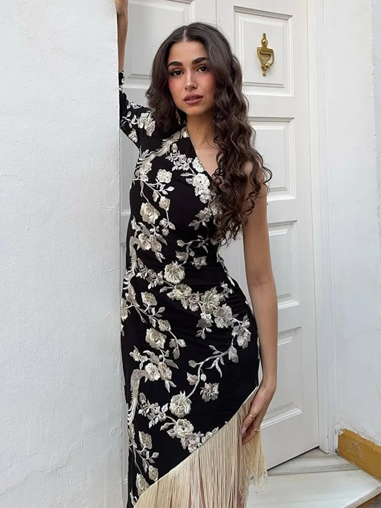 Aiertu  -  Slanted Shoulder Tassel Dress Embroidered Printed Half Sleeves Fringed Slim Fit Waist Cinching Women Long Dresses Fashion Robes Aiertu