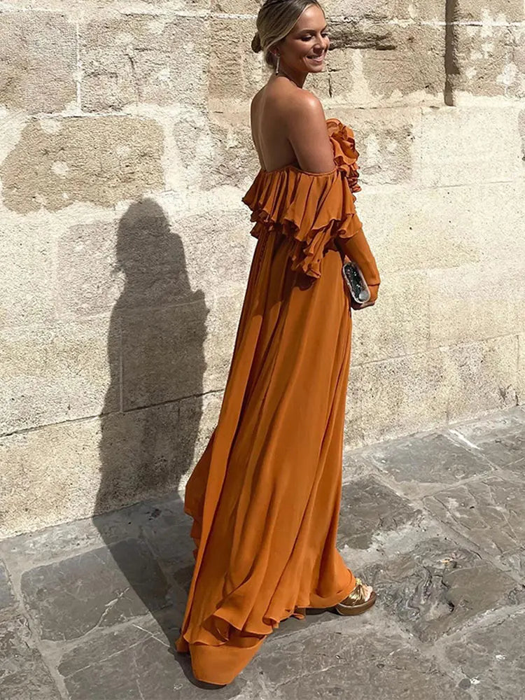 Aiertu  -  Summer Elegant Solid Ruffles Maxi Dress For Women Fashion Off Shoulder High Waist Robe  Chic Female Evening Party Vestidos Aiertu
