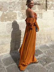 Aiertu  -  Summer Elegant Solid Ruffles Maxi Dress For Women Fashion Off Shoulder High Waist Robe  Chic Female Evening Party Vestidos Aiertu