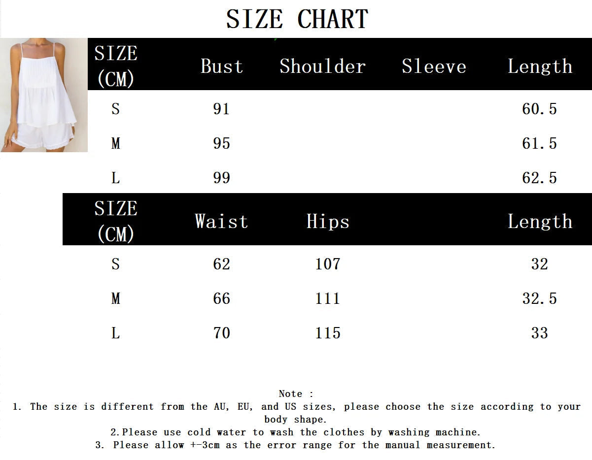 Aiertu  -  White Lace Trim Shorts Two-piece Set Women Summer Sleeveless Loose Tank Top+Elastic Waist Shorts Simple Casual Home Cozy Sets Aiertu