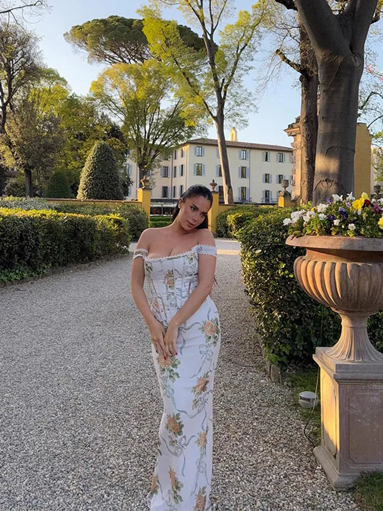 Aiertu  -  Elegant Off Shoulder Maxi Dresses Women Chic Floral Printed High Waist Gowns Fashion Lady Ruffled Sleeveless Party Vestidos Aiertu