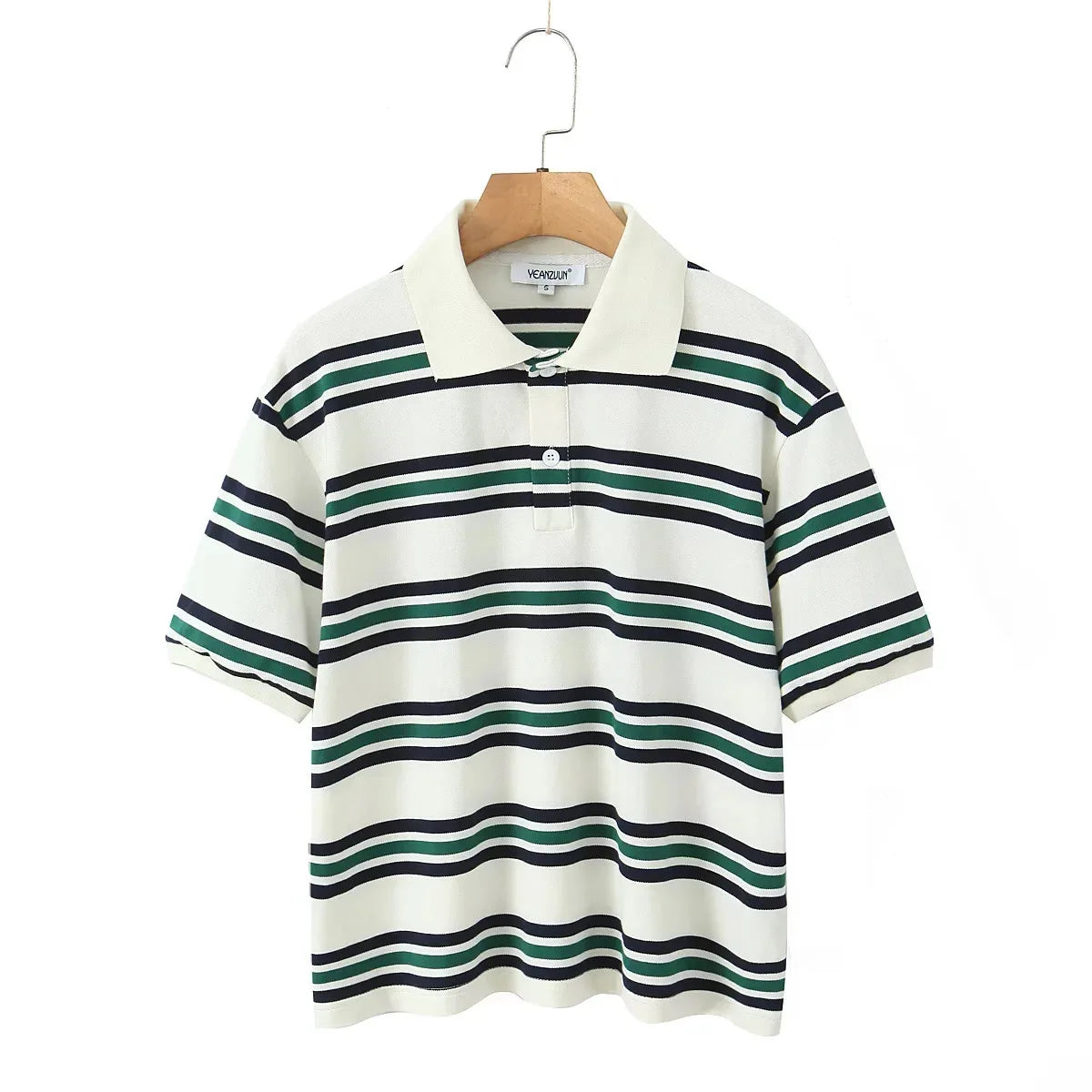 Aiertu  -  Striped Contrast Short Sleeve T-shirt Women Buttons Turndown Collar Tee Shirt Spring New Streetwear Vintage Chic Top Tees 2025 Aiertu