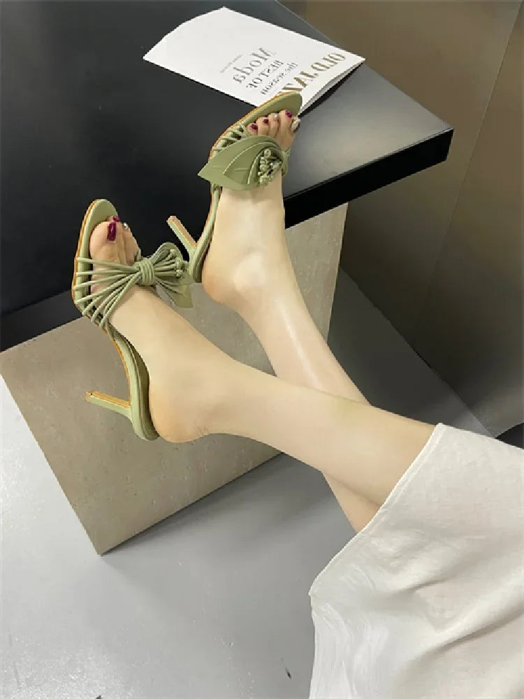 Aiertu  -   New Fashion Open Toe Narrow Band Butterfly-kont Thin Heels Women Slippers Summer Party Dress Slides Shoes Aiertu