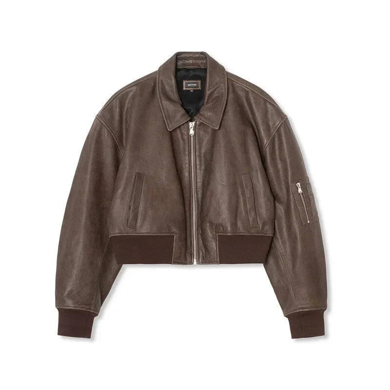 Aiertu  -  Fashion Lapel Leather Bomber Jacket Women Loose Zipper Long Sleeves Locomotive Coat Autumn New Lady High Street Outerwear Aiertu