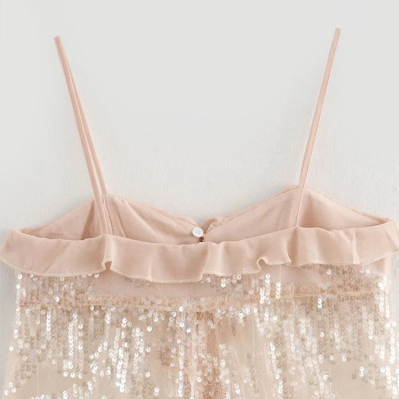 Aiertu  -  Fashion Sequin See-through Top Women Sling Sleeveless Backless Ruffle Ribbon Tops Female 2025 Spring Summer Chic Solid Lady Tank Aiertu