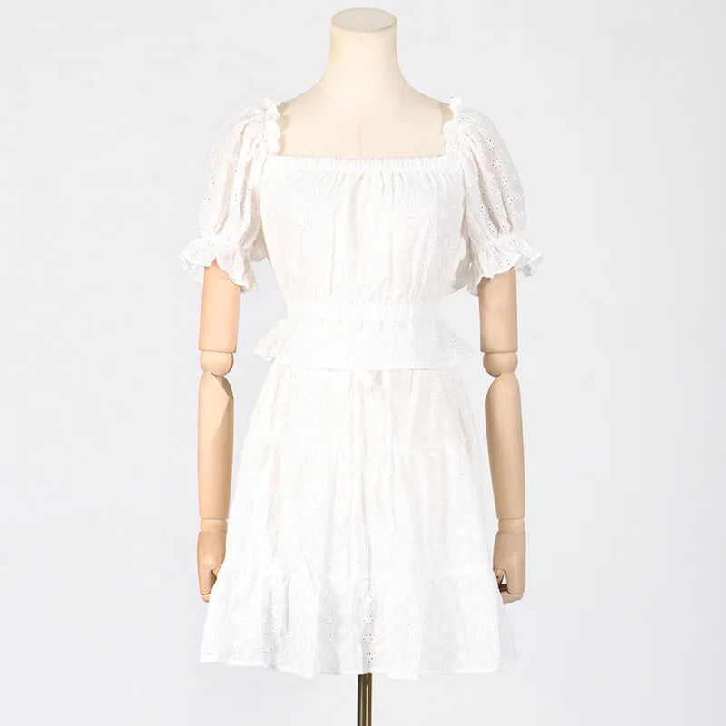 Aiertu  -  Hollow Out Embroidery Skirts Sets Women Off Shoulder Cropped Top+drawstring Mini Skirt 2025 New White Elegant Casual 2 Piece Set Aiertu