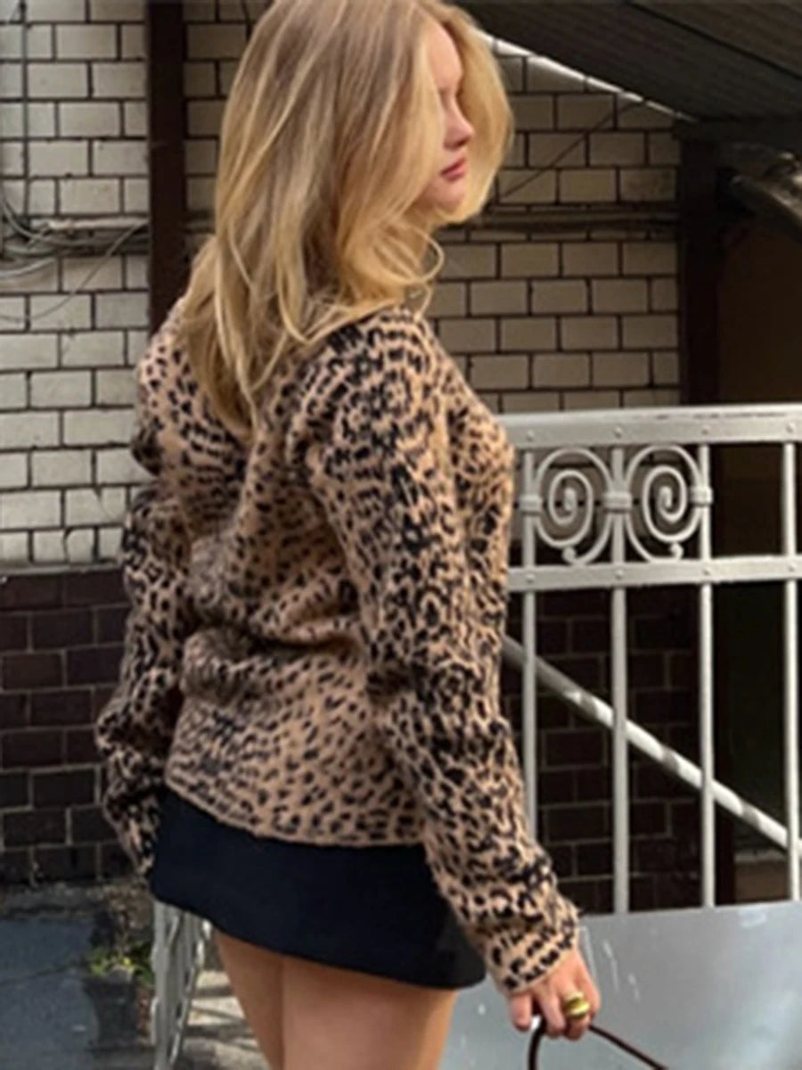 Aiertu  -   Leopard Soft Sweater Cardigan Women V Neck Single Breasted Knitted Outerwear Autumn New Streetwear Vintage Long Sleeve Jumper Aiertu