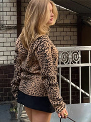 Aiertu  -   Leopard Soft Sweater Cardigan Women V Neck Single Breasted Knitted Outerwear Autumn New Streetwear Vintage Long Sleeve Jumper Aiertu