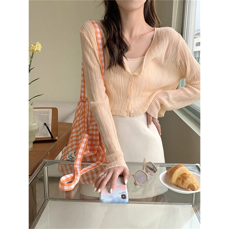Aiertu Women Cropped Sun Proof Shirts White V Neck Long Sleeve Blouses Summer Korean Fashion Black Sun Protection Cardigan Tops Aiertu