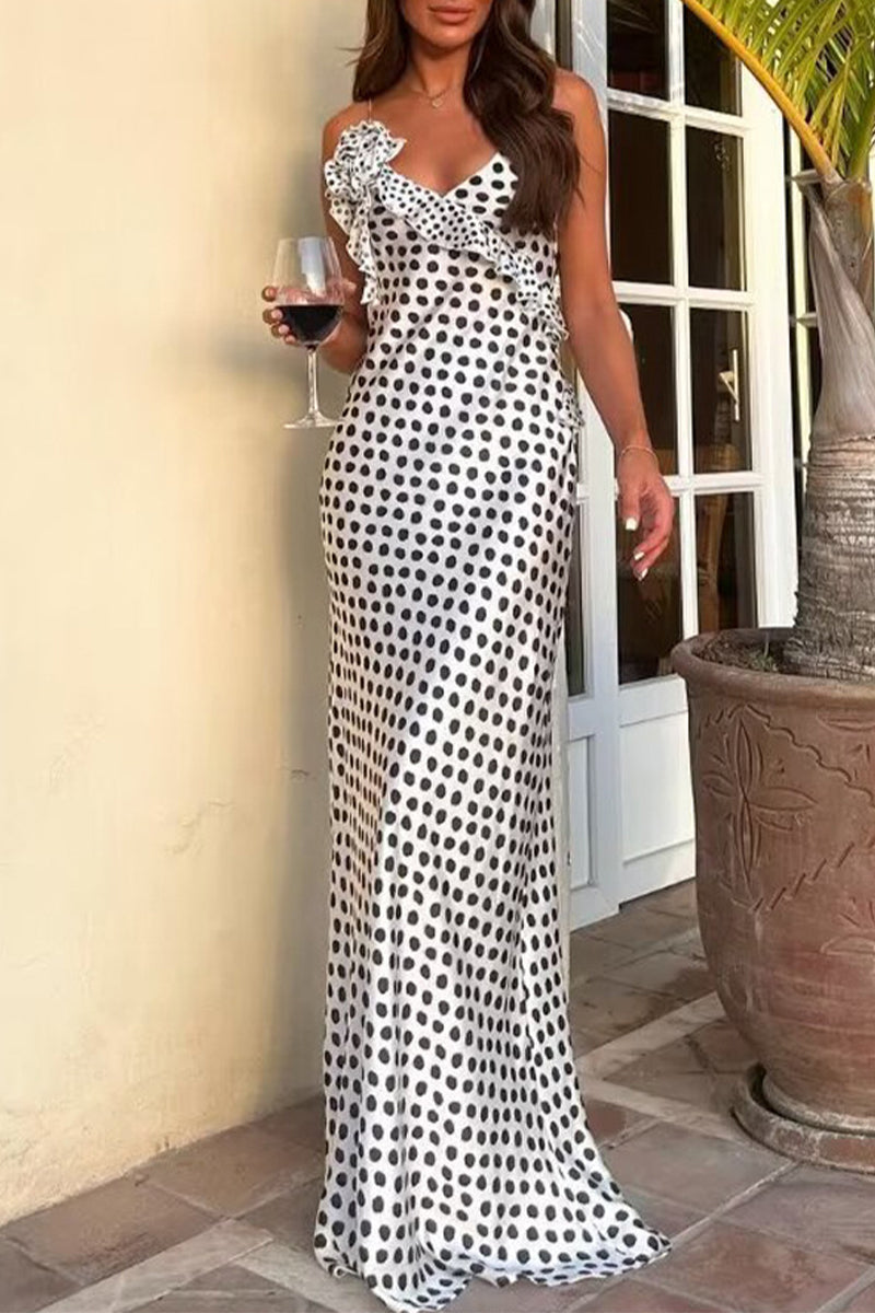 Aiertu  -Sexy Polka Dot Backless Stringy Selvedge Contrast V Neck Long Dresses aiertu