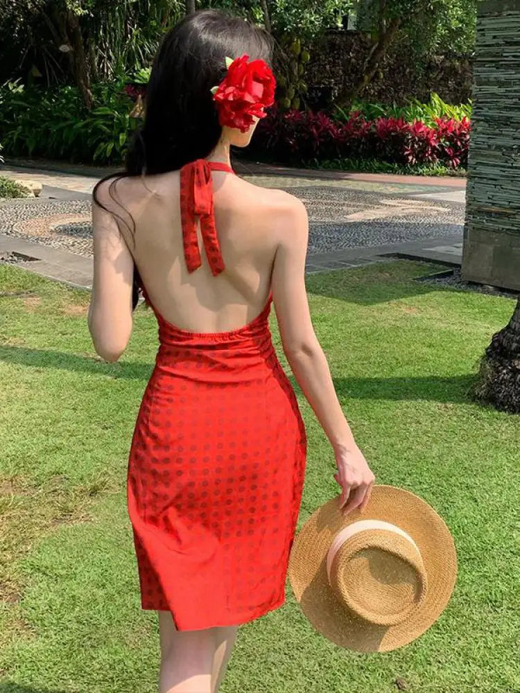 Aiertu  -  Women Red Polka Dot Sexy Festival Party Halter V-neck Bandage Short Dress Summer Elegant Sleeveless Backless Slim Mini Dress Y2k Aiertu