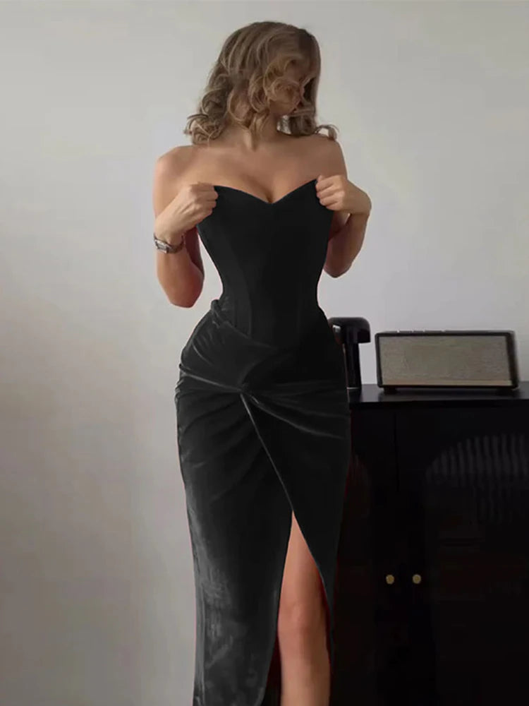 Aiertu  -  Strapless Long Dresses Women Elegant Slim Backless Bandage Vent Robe Female Fashion High Waist Chic Dresses Lady Aiertu