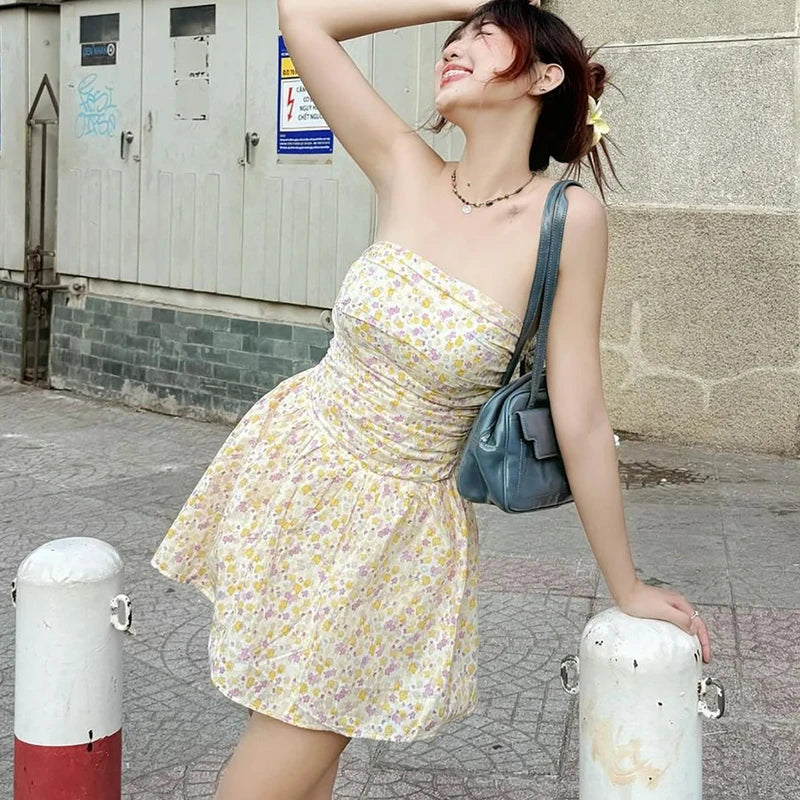 Aiertu  -  One-Shoulder Slim Strapless Print Dress For Women High Waisted Sleeveless Backless Fashion Sweet Summer New Ruched Dress Aiertu