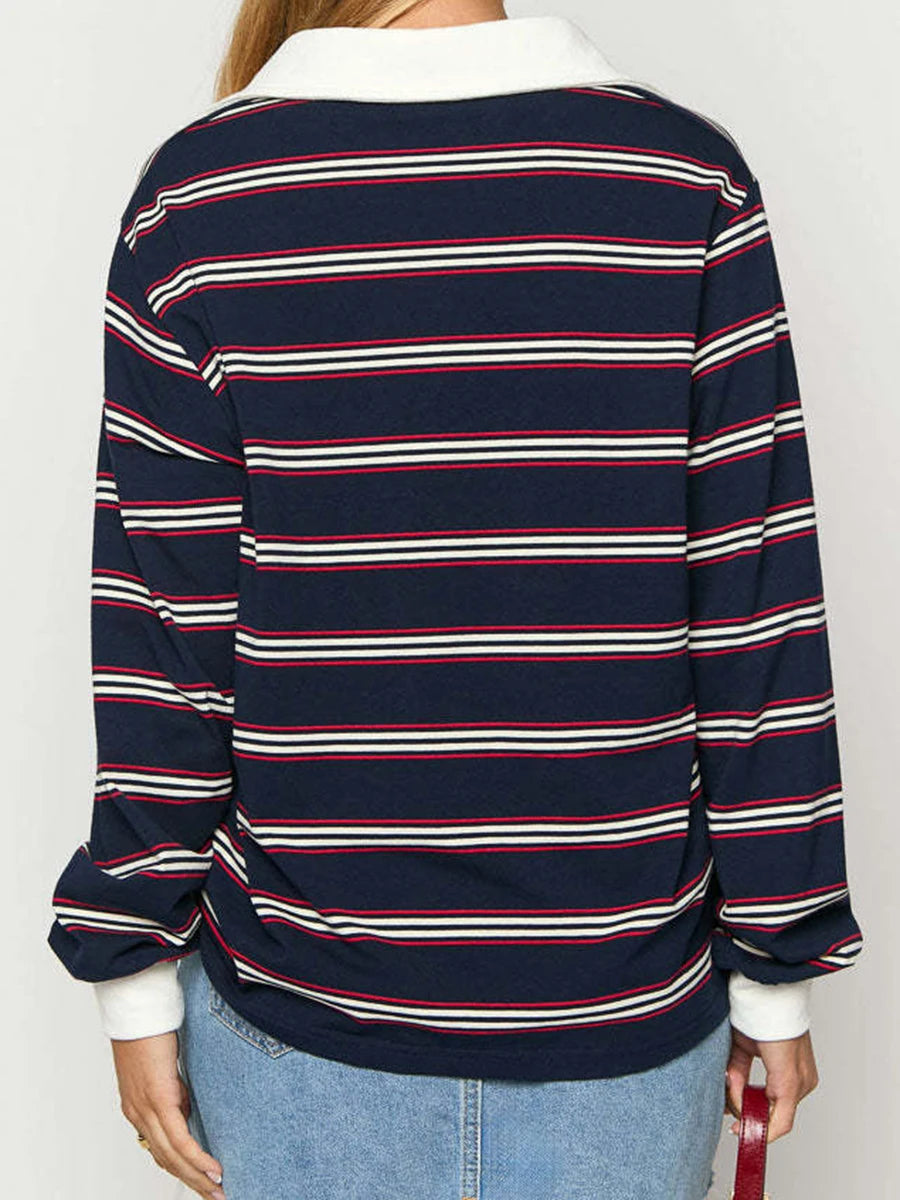 Aiertu  -  2025 Spring New Striped Contrast T-shirt Women Buttons Turndown Collar Long Sleeve T-shirts Vintage Casual Fashion Top Tee Shirt Aiertu