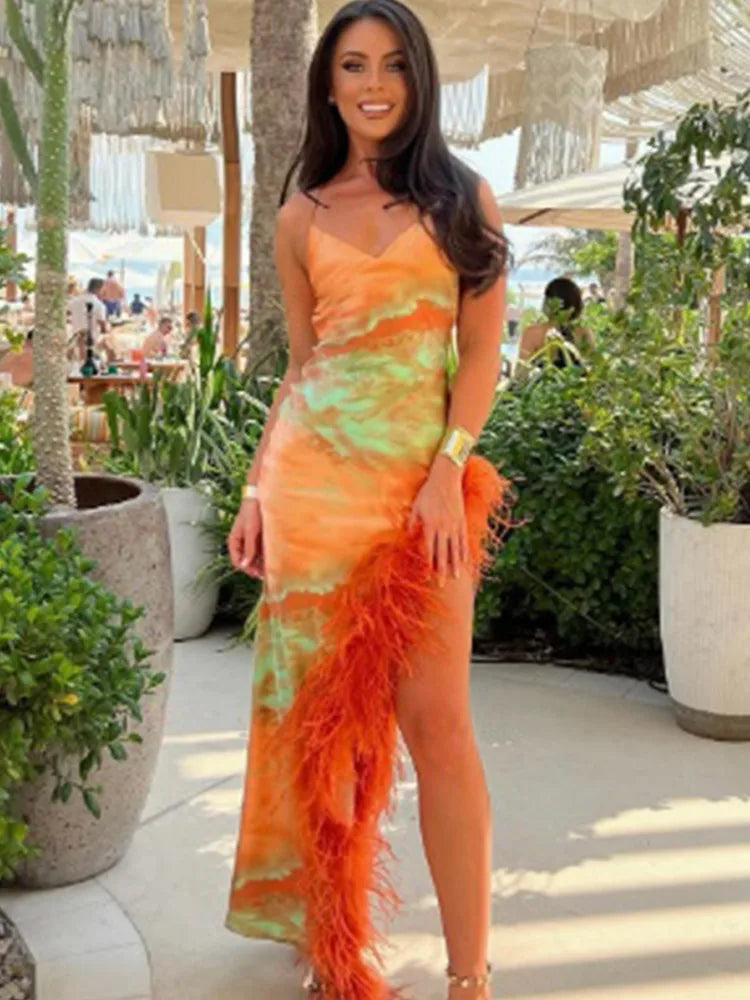 Aiertu  -  Sexy Print Feather Hem Lace Up Long Sling Dress Elegant Backless Sleeveless Bodycon Dresses 2025 New Lady Beach Party Prom Robes Aiertu