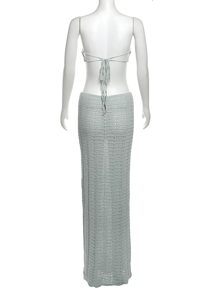 Aiertu  -  2 Piece Set Women Crochet Applique Chest Wrap Lace-Up Camisole+Skinny Solid Stretch Long Skirts Matching Elegant Suit Aiertu