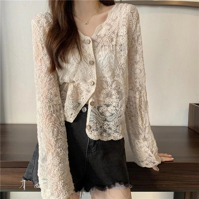 Aiertu Vintage Lace Blouse Women Sheer Long Sleeve Sunscreen Shirt Cardigan Vacation Korean Elegant Casual Sun Protection Top Aiertu