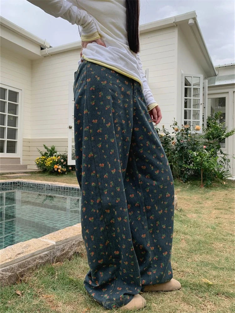 Aiertu  -  Women's Retro Floral Pattern High Waisted Wide Leg Jeans Summer Cool Girl Bottoms Thin Pants Female Printed Baggy Denim Trousers Aiertu