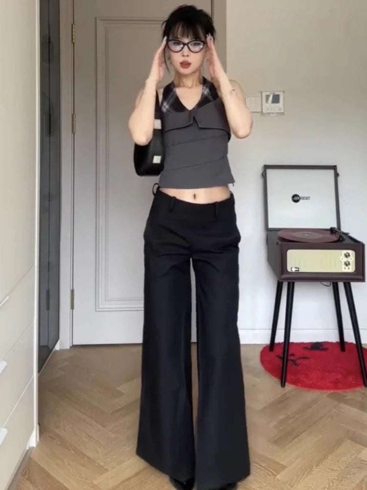 Aiertu  -  Fake Two Pieces Plaid Patchwork Halter Tanks Summer Y2k Aesthetic Slim Vintage Tank Top Streetwear Grunge Pleated Cropped Vest Aiertu