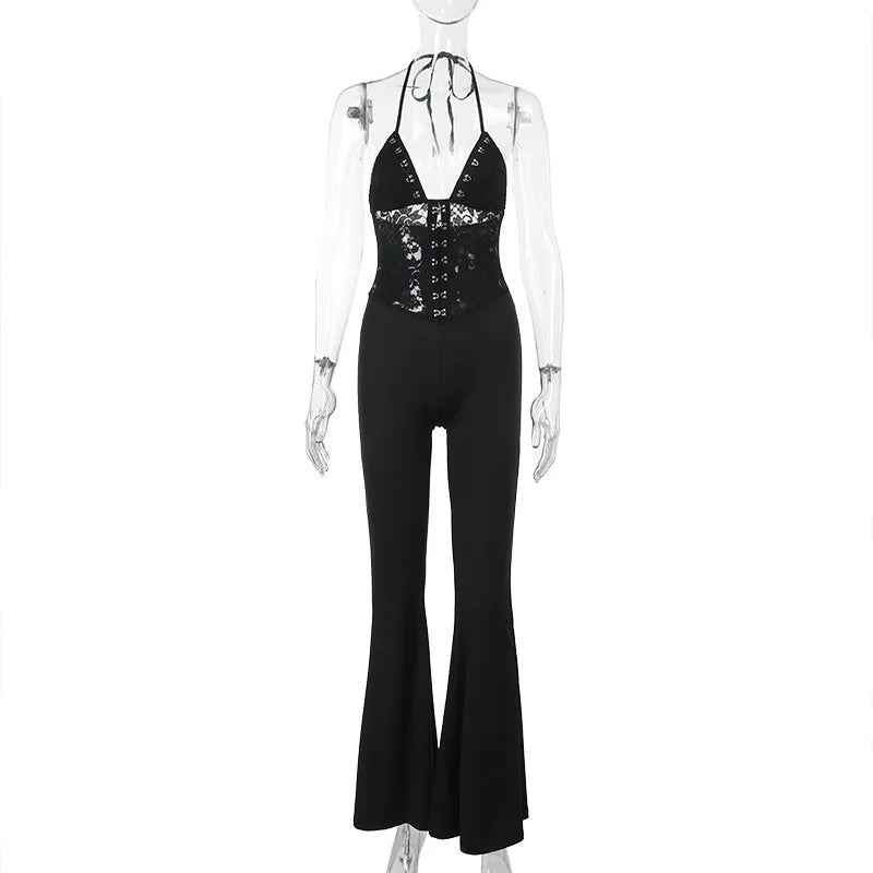 Aiertu  -  Women's Summer Full Length Flare Pants Jumpsuits 2025 Elegant Halter Backless Lace Patchwork Black Overalls Female High Street Aiertu