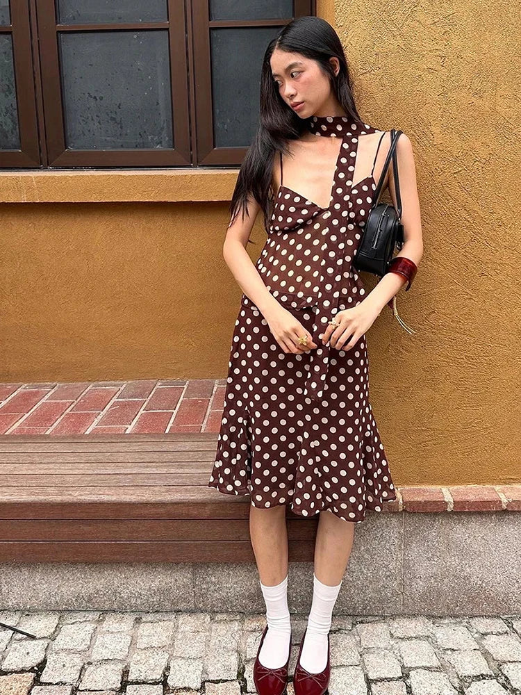 Aiertu  -  Elegant Sweet Polka Dot Print 3-Piece Set Women Scarf+v-Neck Camisole Tops+Skirts Leisure High Street Comfortable Suits Aiertu