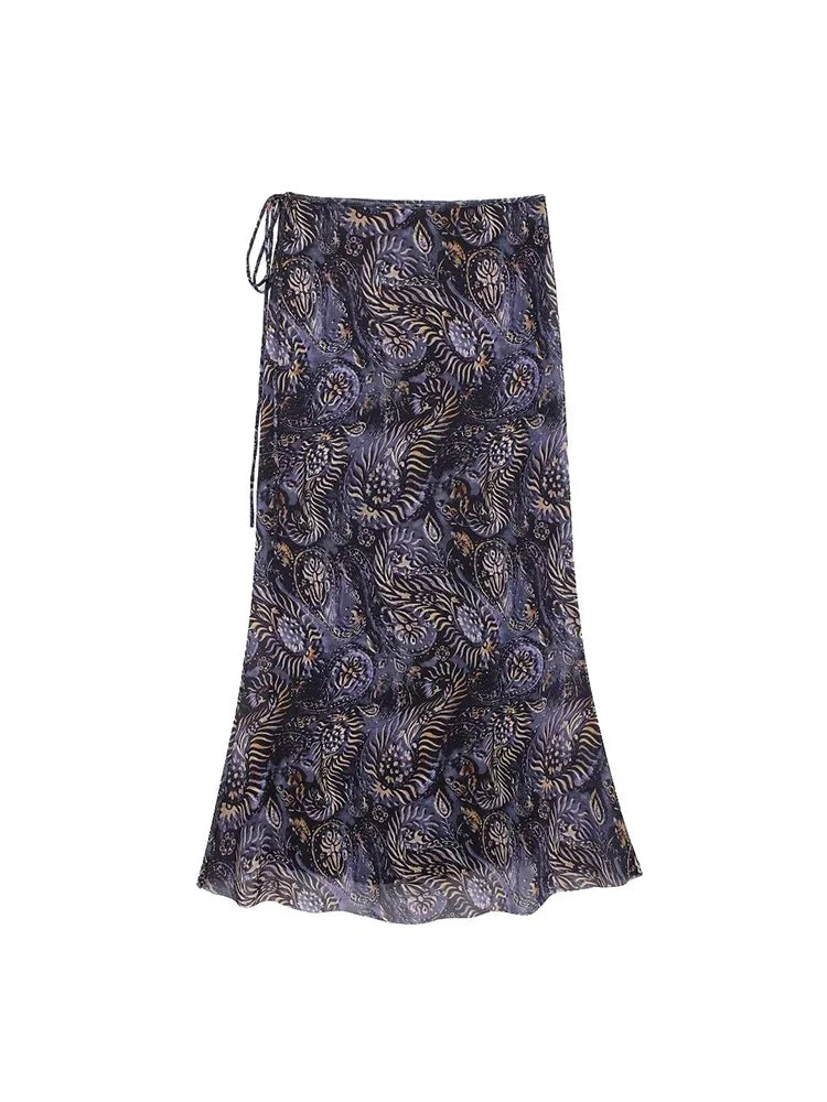 Aiertu  -  Women Fashion Tulle Printed Pleated Side Lace Up Midi Skirt Vintage Mid Waist Female Chic Lady Skirts Aiertu