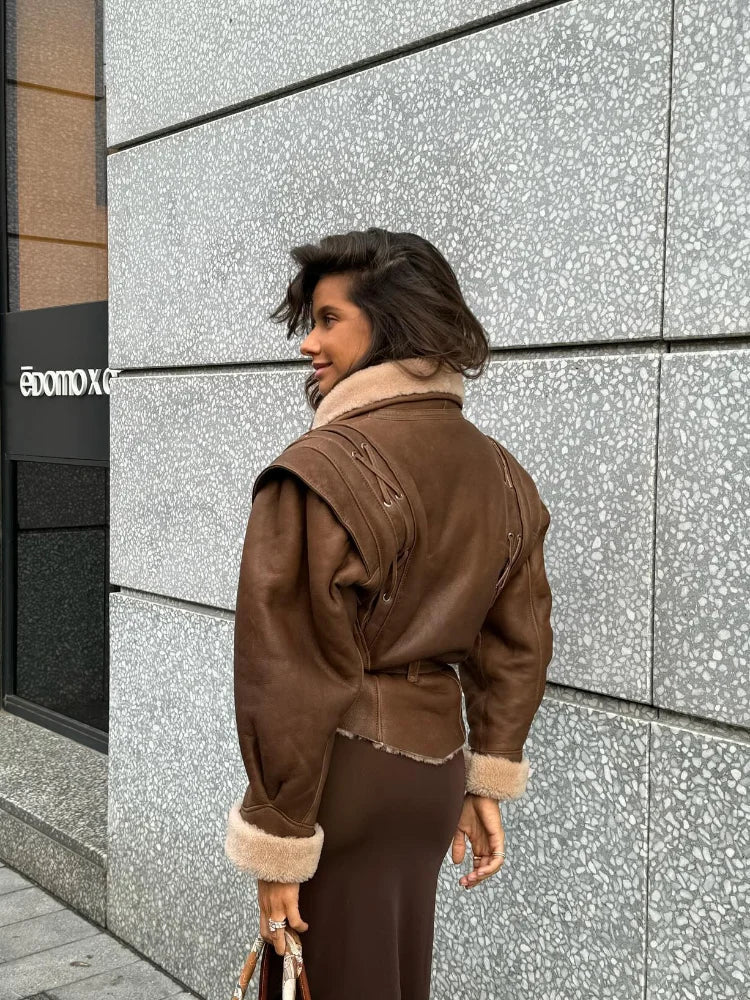 Aiertu  -  Fashion Warm Furry Leather Woman Jacket With Belt Chic Lapel Long Sleeve Motorcycle Coat Lady 2026 Winter High Street Outerwear Aiertu