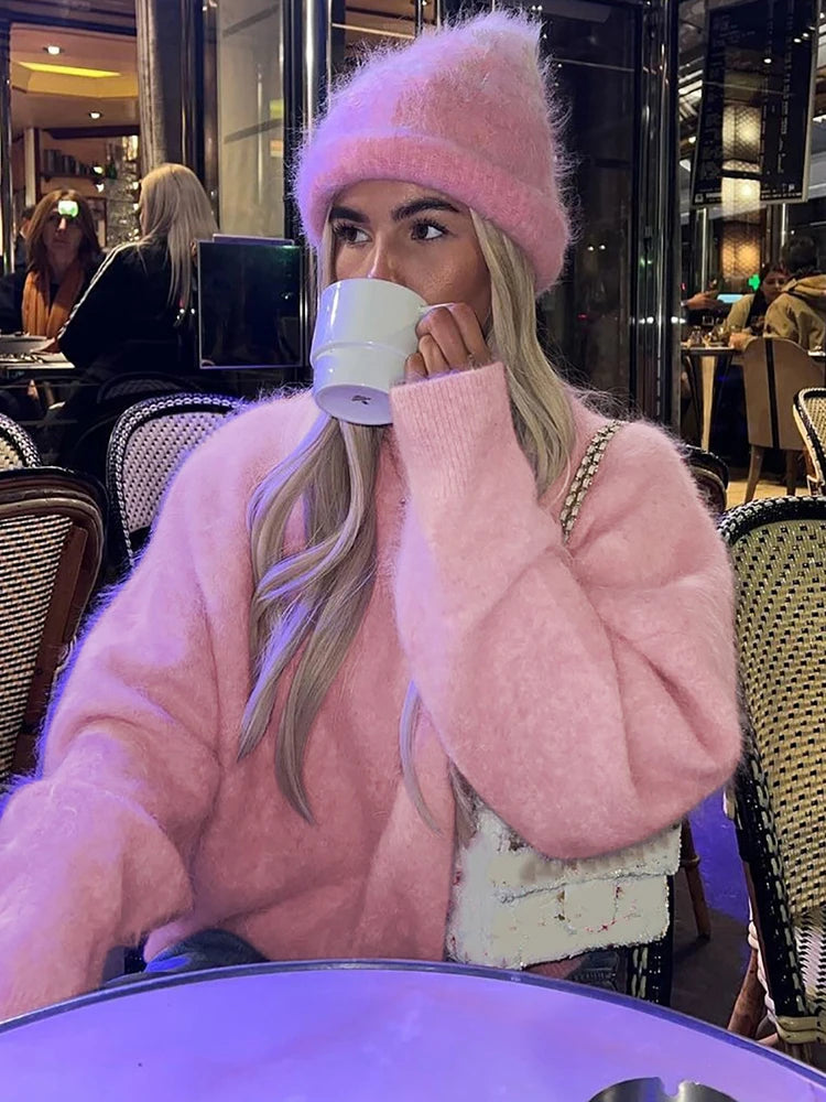 Aiertu  -  layered look inspo Knitted Round Neck Pullover Women Sweater Pink Long Sleeve Solid Casual Sweater Female Winter New Warm Loose Streetwear Aiertu
