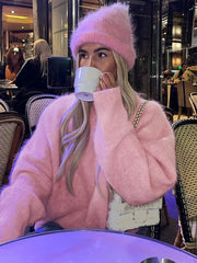 Aiertu  -  layered look inspo Knitted Round Neck Pullover Women Sweater Pink Long Sleeve Solid Casual Sweater Female Winter New Warm Loose Streetwear Aiertu