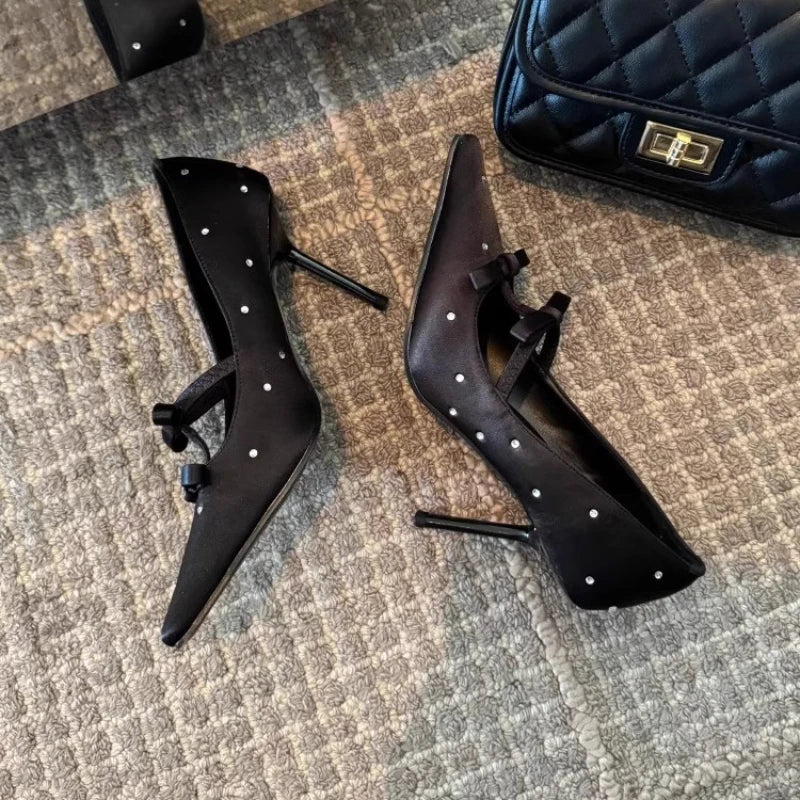Aiertu    -  New Thin Heel Shallow Mouth Single Shoes Banquet Fashion Bow Pointed Water Diamond Silk High Heels Aiertu