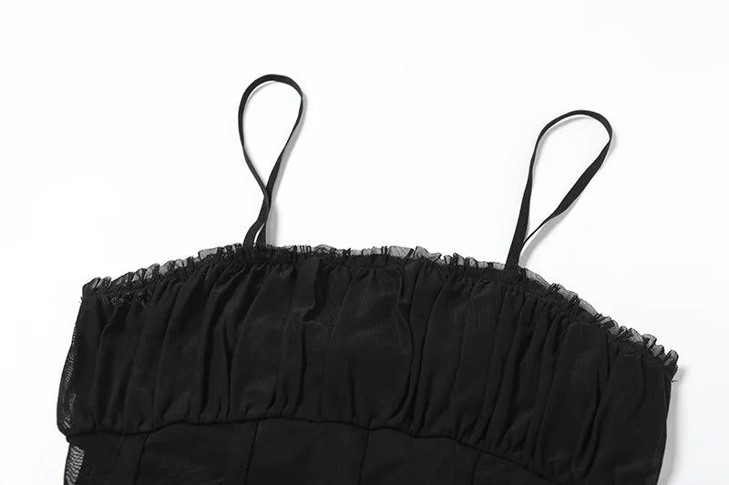 Aiertu  -  Summer 2 Piece Set for Woman Sexy Outfits Black Mesh Sheer Corset Top and Drawstring Pleated Mini Skirt Sets P94-EH32 Aiertu