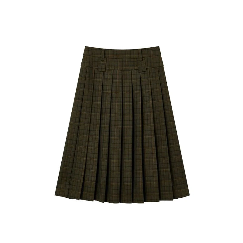 Aiertu  -  Women Midi Long Plaid Skirt Vintage Green High Waist Loose A-line Pleated Skirt School Uniform Casual Autumn Clothes Aiertu