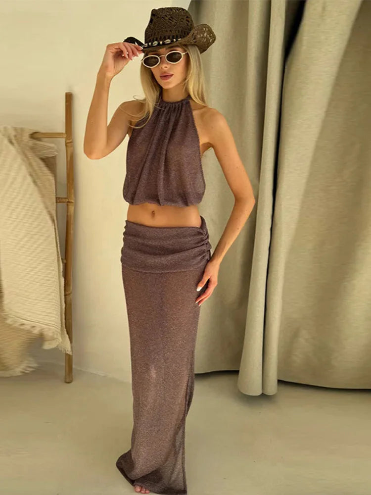 Aiertu  Women Skirts Suit Sexy See through Sleeveless Backless Halter Tank Top High Waist Hip Package Pleated Skirt Sets Lady Outfits Aiertu