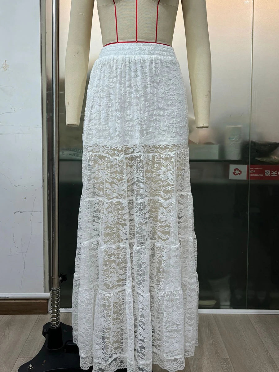 Aiertu  -  Lace Jacquard Long Skirt Women Summer Elegant Elastic Waist Sheer White Maxi Skirts Streetwear Fashion Casual Sexy A-line Skirt Aiertu