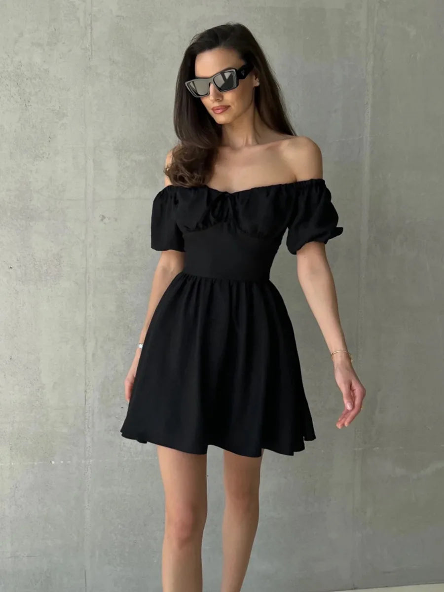Aiertu  -  Summer White Off Shoulder Mini Dress for Women Elegant Fashion Slash Neck Puff Sleeve Holidays Party Dresses 2025 New Aiertu
