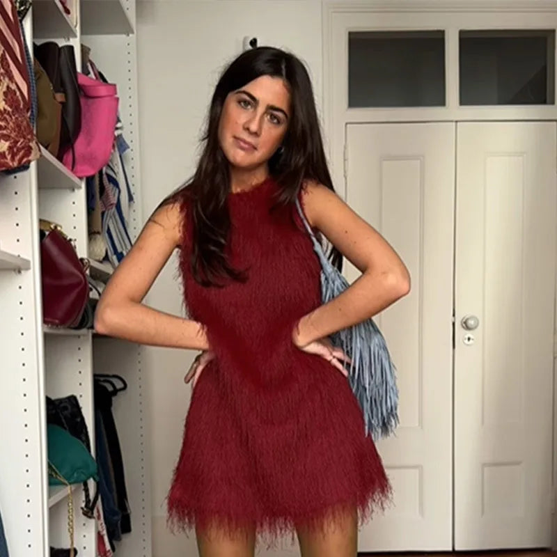 Aiertu  -  Vintage Fluffy Women Short Dress Fashion O Neck Sleeveless Slim Female Mini Dress 2025 Spring New Lady Club Party Tank Vestidos Aiertu