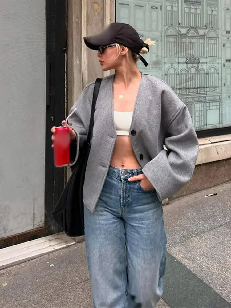 Aiertu  -  Chic Button Pockets V Neck Crop Jacket For Women Casual Solid Long Sleeves Short Coat 2026 New Autumn Lady Office Outerwear Aiertu