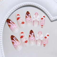 Aiertu  -  24PCS Pink 3D Bowknot Pearl Press on Nails Ins Style Leopard Print Lips Patterns French Fake Nails for Women Almond False Nails Aiertu