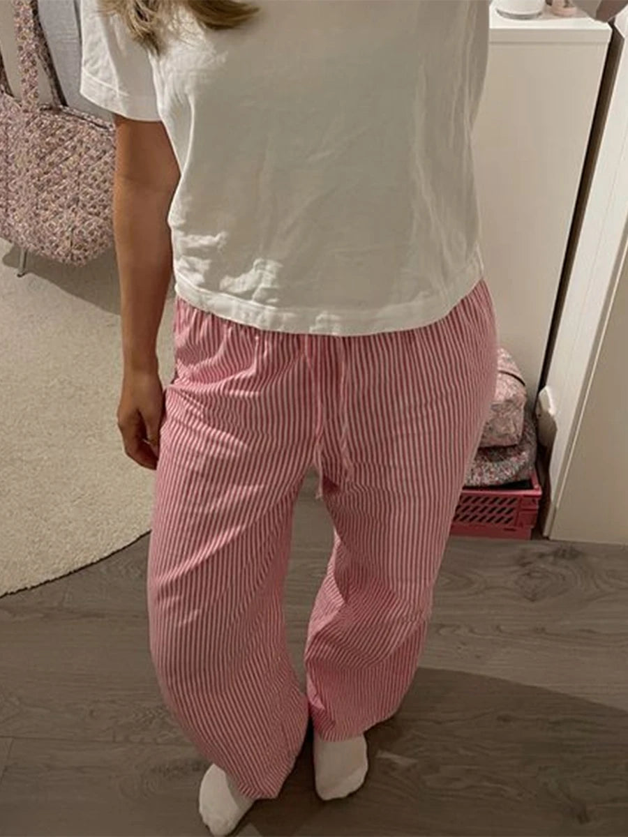 Aiertu  -  Women's Casual Striped Print Pants Drawstring Elastic Waist Loose Straight Pants with Pockets Sleep Bottoms Korean Home Wears Aiertu