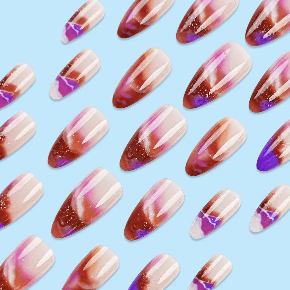 Aiertu  -  24PCS Glitter Almond False Nail Tips with Nebula Blurred French Press on Nail Full Cover Acrylic Wearable Simple Fake Nail Patch Aiertu