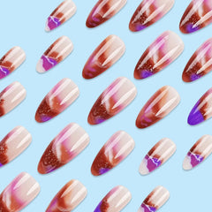 Aiertu  -  24PCS Glitter Almond False Nail Tips with Nebula Blurred French Press on Nail Full Cover Acrylic Wearable Simple Fake Nail Patch Aiertu