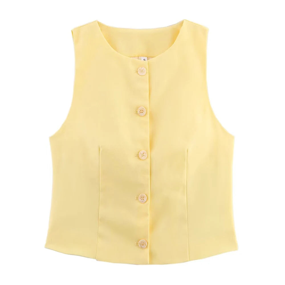 Aiertu  -  Age Reduction Light Yellow Round Neck Sleeveless Short Vest Pleated Design Short Pants Women Suit Set ZATT 2025 Summer New Aiertu