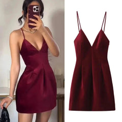 Aiertu  -  Sexy Red Velvet Sling Dress Women Elegant Sleeveless Backless V Neck Mini Dresses Fashion Dinner Date Christmas Party Dress Aiertu