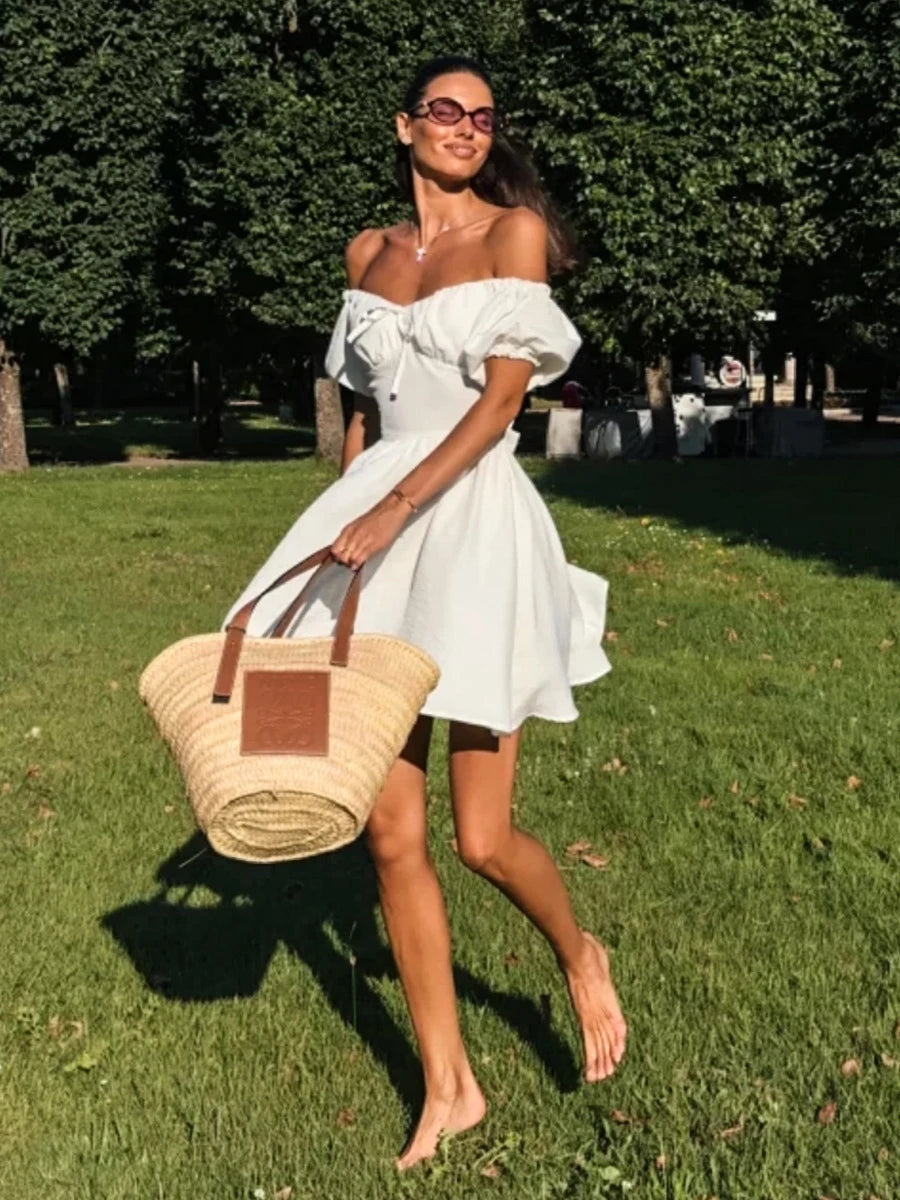 Aiertu  -  White Waist Lace-up Mini Dress Women Drawstring Off Shoulder Puff Sleeve A-line Dresses Summer Simple Casual Fashion Vestidos Aiertu