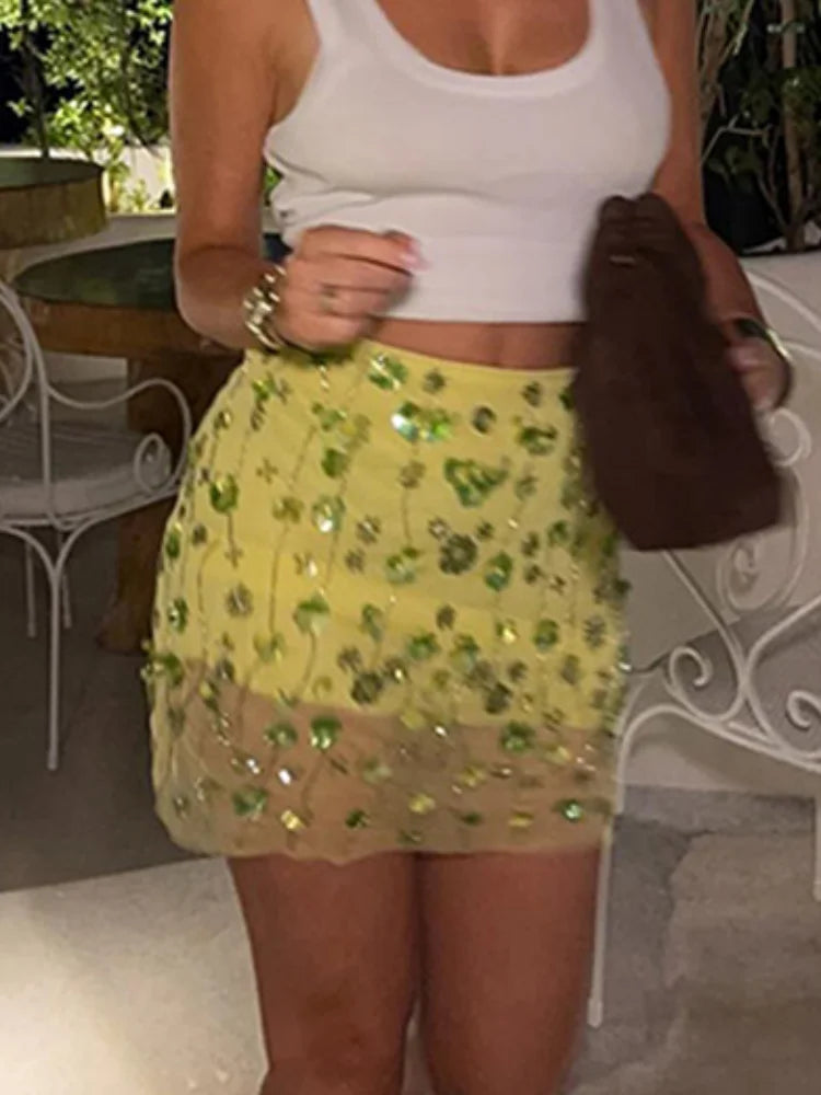 Aiertu  -  Y2k Sequins Glitter Hip Package Mini Skirt Chic Beaded Embroidery Short Skirts For Women 2025 Summer New Party Club Female Skirt Aiertu
