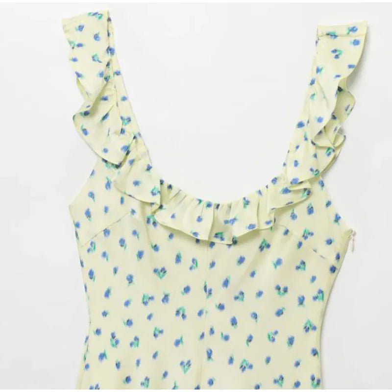 Aiertu  -  Women's Floral Print Mini Dresses 2026 Summer Sleeveless U Neck Ruffled Hem Vacation Outfit Light Green Leaf Elegant Party Dress Aiertu