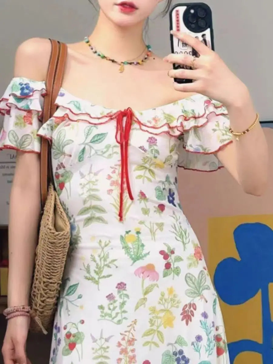 Aiertu  -   Summer Floral Dress Women Dresses Print Flowers Lace-up Female Long Dress Female Clothing Aiertu