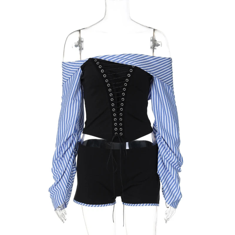 Aiertu  -  Fashion Hot Girl Shorts Suit Women's One-Shulder Striped Shirt Irregular Splice Eyelet Strap Top And Shorts 2 Pieces Set Aiertu